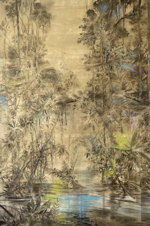 alaturka die verlorenen spuren i 2025 kohle und pastell auf golden grundiertem papier 120x80cm