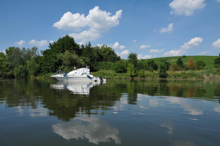 Almanya'nın mavi gökyüzü ve Main Nehri'nde kano gezisi